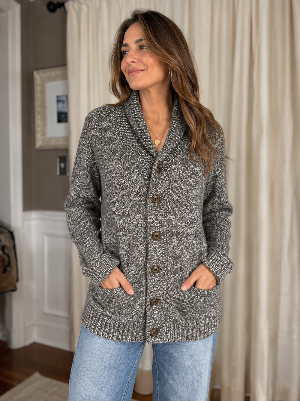 Vintage J. Crew Marled Gray Shawl Collar Button-Front Cardigan